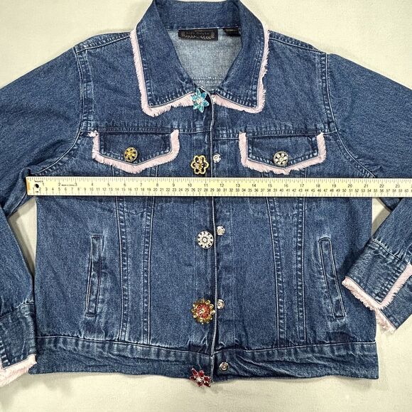 Vintage Life Style Jacket Women L Boho Blue Denim Floral Jewel Button Fringe 90s - Picture 4 of 14